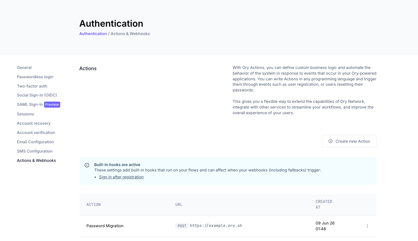 Actions &amp; Webhooks page showing the Password Migration action